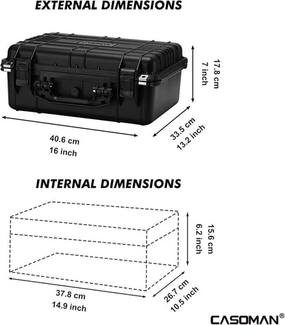 CASOMAN Water-proof Box, with Cush- Proof Sponge, IP67 Water Proof Grade, Large Waterproof Hard Case with Customizable Foam, Perfectly Protection of Camera, Drones, Lens,Equipments, 16"x13.2"x7"