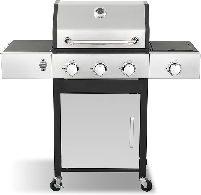 Gas Grill with Side Burner, 3-Burner Propane Grill with Porcelain-Enameled Cast Iron Grates and Double-Wall Insulated Lid, 39,000 BTU BBQ Grill with Wheels for Outdoor Cooking