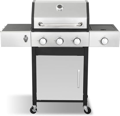 Gas Grill with Side Burner, 3-Burner Propane Grill with Porcelain-Enameled Cast Iron Grates and Double-Wall Insulated Lid, 39,000 BTU BBQ Grill with Wheels for Outdoor Cooking