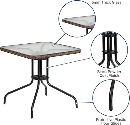 Flash Furniture Barker 28'' Square Tempered Glass Metal Table with Dark Brown Rattan Edging