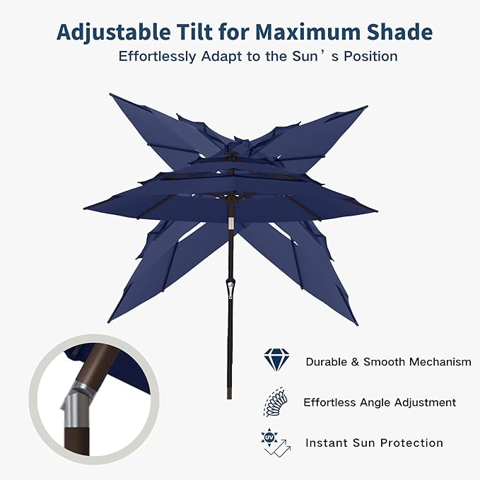 10FT Patio Umbrella 3 Tiers Outdoor Market Umbrella w/Push Button Tilt, Crank, UV and Waterproof Table Umbrella for Garden, Pool, Backyard, Deck, Lawn, Navy Blue
