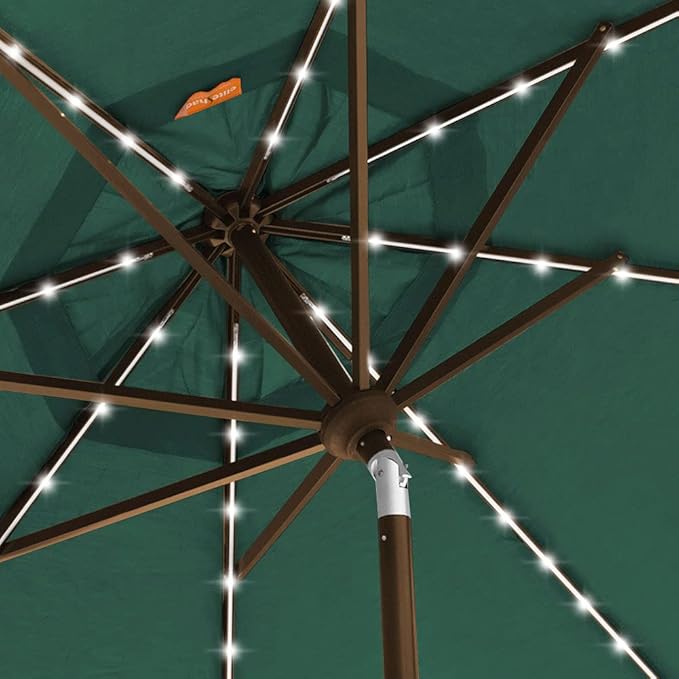 EliteShade USA 10-Year-Non-Fading 9ft Market Patio Umbrella, Commercial Grade Table Sun Umbrella with 80 Solar LED Lights, Crank Open, Windproof & UPF 50+ UV Protection for Garden, Deck, Pool, Backyard, Forest Green