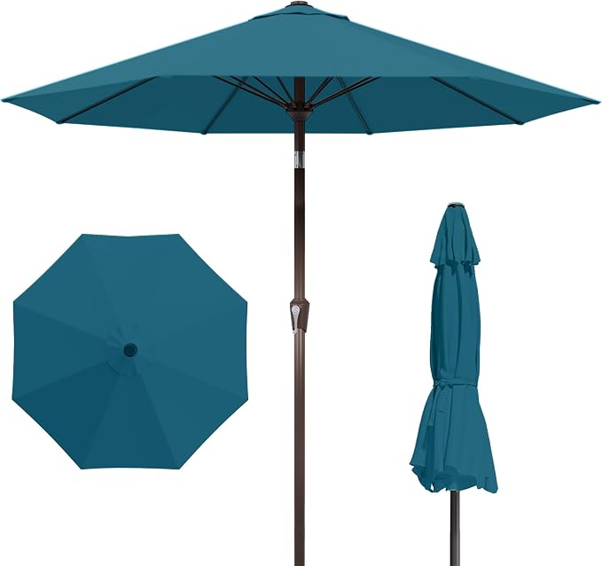 Kingdura 10FT Outdoor Patio Umbrella, Round Market Table Umbrella with Push‑Button Tilt and Crank Lift, 8 Sturdy Metal Ribs, UV50+ Protection Canopy for Backyard, Lawn, Deck, Poolside, Garden (Lake blue)