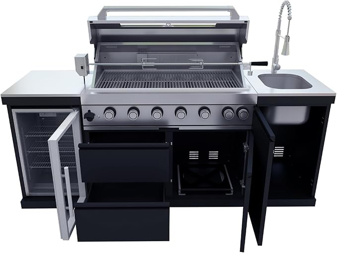 82-Inch 6-Burner Propane Gas Outdoor Kitchen Grill Island - 85000 BTU Stainless Steel BBQ, Refrigerator, Rotisserie, Stainless Countertops, Storage Cabinets/Drawers, For Patio, Lawn, Backyard, Black