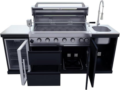 82-Inch 6-Burner Propane Gas Outdoor Kitchen Grill Island - 85000 BTU Stainless Steel BBQ, Refrigerator, Rotisserie, Stainless Countertops, Storage Cabinets/Drawers, For Patio, Lawn, Backyard, Black