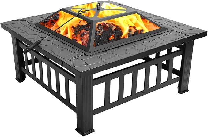 32 Inch Heavy Duty Metal Square Patio Firepit Table BBQ Garden Stove with Spark Screen Cover Log Grate and Poker for Outside Wood Burning and Drink Cooling