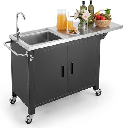 VEVOR Outdoor Grill Cart with Sink and Storage Cabinet, 52 Inch Grill Table, Waterproof Kitchen Island with Stainless Steel Top, Spice Rack, Wheel, Movable Food Prep Station for Patio Bar Backyard BBQ