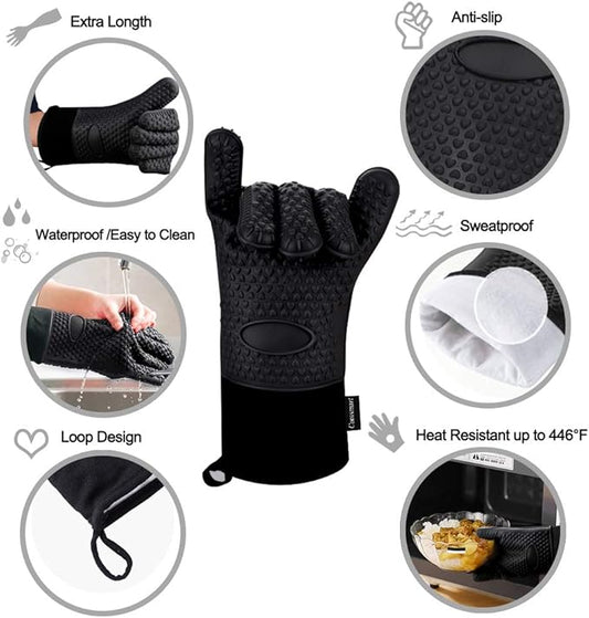 Comsmart BBQ Gloves, Heat Resistant Silicone Grilling Gloves, Long Waterproof BBQ Kitchen Oven Mitts with Inner Cotton Layer for Barbecue, Cooking, Baking, Smoker(Black)