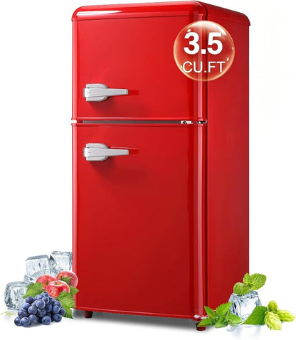 Retro Mini Fridge with Freezer 3.5 Cu. Ft, Small Refrigerator with 7 Level Adjustable Thermostat, Compact Classic Dual Door Fridge Removable Glass Shelves for Apartments, Dorm, Office, Red