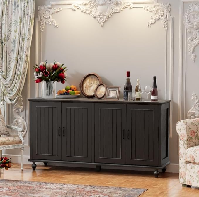 Scurrty 62'' Coffee Bar Cabinet Kitchen with Storage, Buffet Cabinet with Storage, Sideboard Buffet for Dinning Room, Kitchen & Living Room (4 Doors, Black)