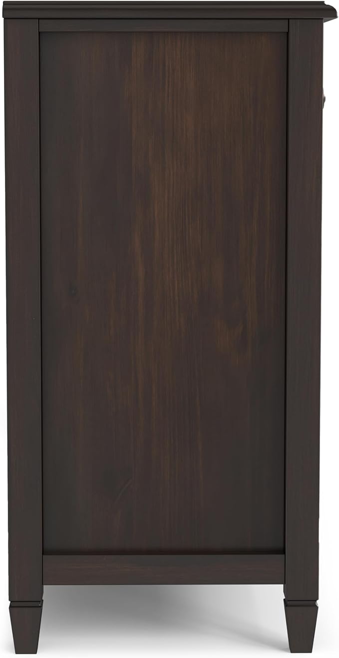 SIMPLIHOME Connaught 60" Wide Solid Wood 3-Door Buffet in Chestnut Brown | Traditional sideboard with adjustable shelves and classic molding for dining rooms; buffet, credenza or server.