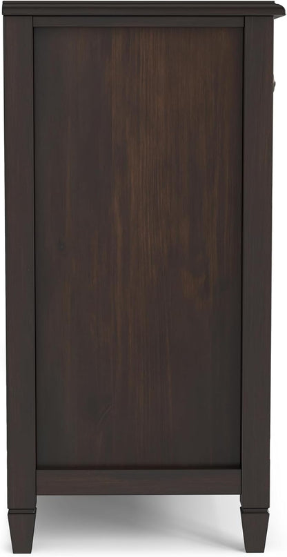 SIMPLIHOME Connaught 60" Wide Solid Wood 3-Door Buffet in Chestnut Brown | Traditional sideboard with adjustable shelves and classic molding for dining rooms; buffet, credenza or server.