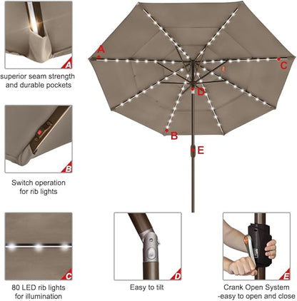 EliteShade USA 10-Year-Non-Fading 9ft 3-Tier Market Patio Umbrella, Commercial Table Umbrella with 80 Solar LED Lights, Crank Open, Windproof & UPF 50+ UV Protection for Garden, Deck, Pool, Backyard, Mushroom