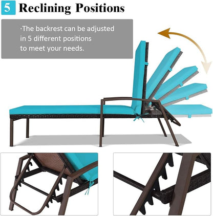 Tangkula Patio Rattan Lounge Chair, Outdoor Reclining Chaise with Cushion and Armrest, Wicker Sun Lounger with Adjustable Backrest for Garden, Balcony, Poolside (1, Turquoise)