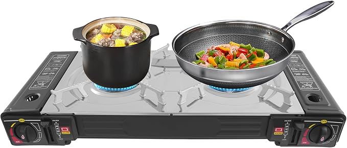 2-Burner Butane Stove, Portable Camping Stove with Grill Tray, Automatic Ignition, Outdoor Travel Camp Stove with Carry Case & Push-Button for Camping Tailgating (With Grill Tray-B)
