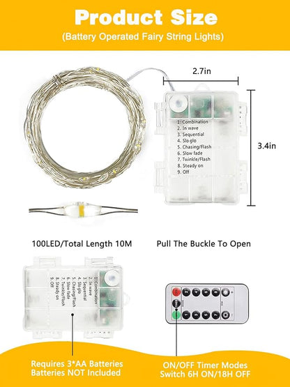 2 Pack 100 LED Fairy Lights Battery Operated with Remote, 33 FT Warm White | Cuttable, 8 Modes, Memory, Dimmable, Waterproof Battery String Lights with Timer for Indoor Outdoor, Christmas Decorations