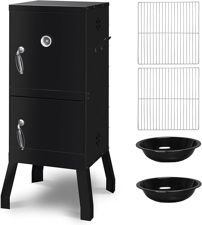 Outdoor Charcoal Grill Barbecue Grills with Thermometer, Charcoal Pan & 4 Air Vents, Vertical BBQ Grill for Garden Party Picnic Hiking Backyard Cooking, Easy to Assemble, Asadores de Carbon (Black)