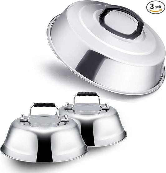 Metal Melting Dome Set of 3, Leonyo 12" & 9" Stainless Steel Basting Cover for Griddle Grill Top BBQ Flat Top, Steam Cover for Kitchen Cooking Burger Cheese