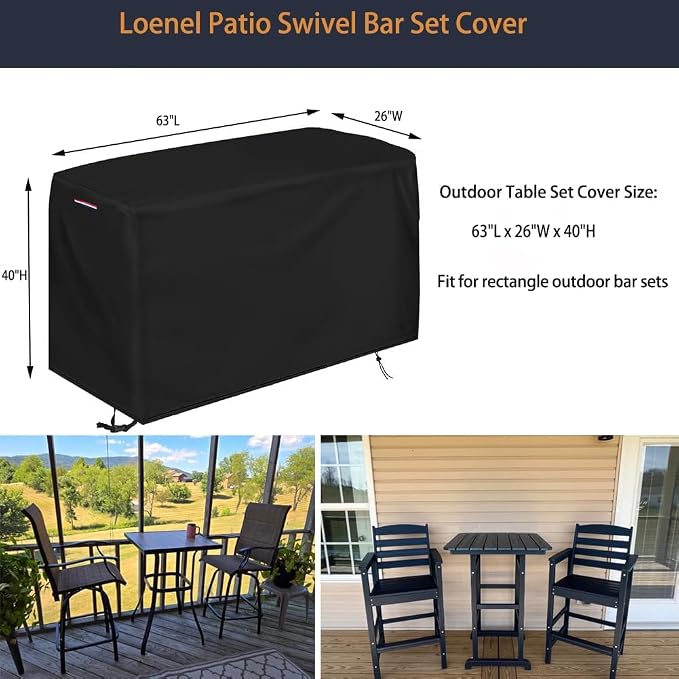 Outdoor Waterproof Bar Table Set Cover, 63"L x 26"W x 40"H | Patio Furniture Covers Outdoor Dining Table Cover for Bistro Tables & Chairs Set with Handle, Drawstring, Buckle