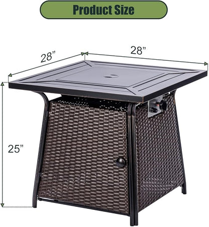 OutVue 28 inch Wicker Propane Fire Pit Table,Gas Fire Pits Table for Outside,50000 BTU Propane Firepit with Lid &Lava Rocks,Gas Firepit for Garden,Yard (Brown Rattan)