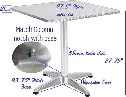 BTEXPERT 27.5" Square Indoor Outdoor Bistro Table – Stainless Steel Top, Aluminum Base, Commercial Restaurant Patio Table for Café, Balcony, Garden, Dining