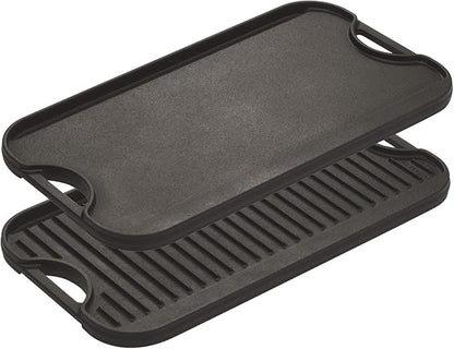 Lodge Pro-Grid Reversible Grill/Griddle - 20 Inches x 10.5 Inches - Dual-Sided Cast Iron Griddle - Double Burner Grill - Even Heat Distribution - PFAS-Free Non-Toxic Cookware