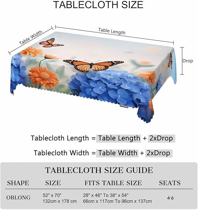 Decorative Rectangle Tablecloth 52"X70" Butterflies, Floral Daisies Butterfly Wrinkle Free Table Cover Picnic Table Cloths for Parties Weddings Kitchen Tablecloth, Blue