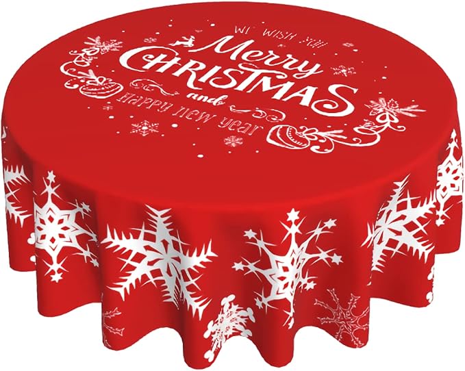 Merry Christmas Tablecloth Round 70 Inch Snowflake Tablecloth Waterproof Polyester Washable Table Cover with Winter Snowflake Pattern Table Cloth for Kitchen Dining Room Christmas Party Picnic Patio