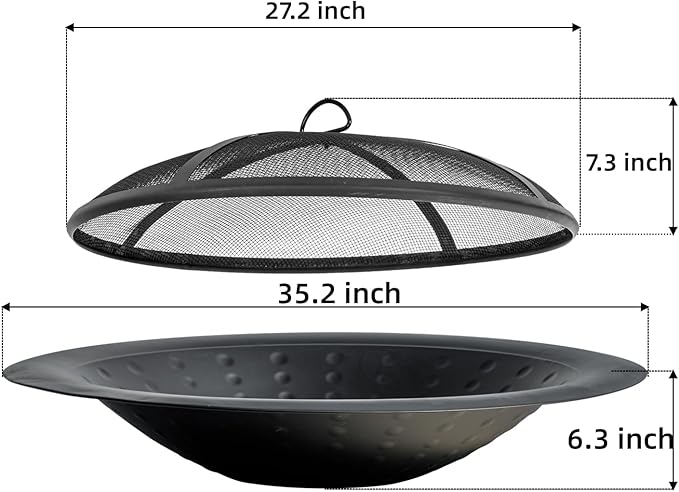OutVue 35 inch Steel Fire Bowl for DIY or Replacement Existing Fire Pits, Wood Burning Fire Pit Bowl with Spark Screen &Fire Poker, Fireplace for Backyard, Porch, Deck, Camping, BBQ (Circle Dot)