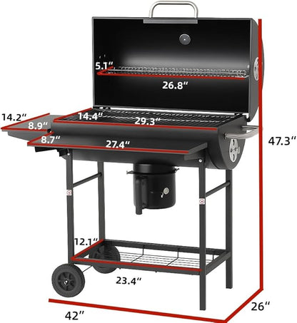 Barrel Charcoal Grill With Side Table & Folding Front Shelf, Nearly 600 Sq.In. Cooking Grid Area, Outdoor BBQ Grill For Backyard, Patio, Camping & Parties, Black