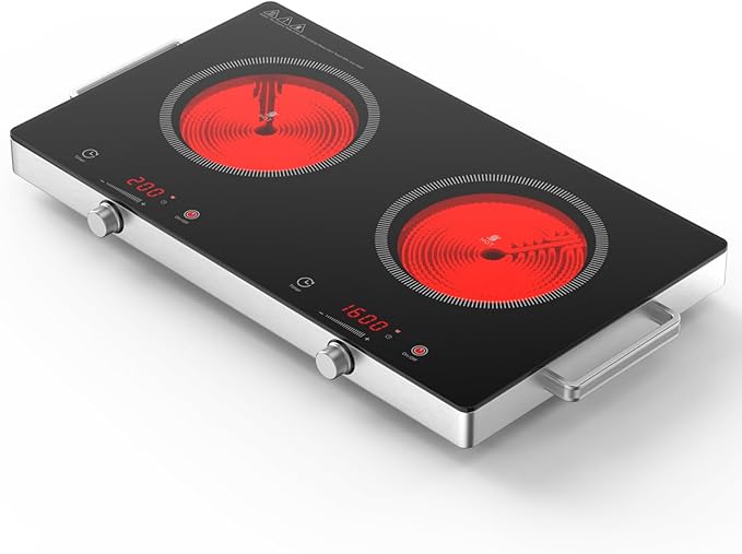 Infrared Double Burner Hot Plate,1800W Portable Electric Cooktop for 110-120V Outlet, Ceramic Glass Top, Knob & Touch Control, 9 Power Levels, Timer, Works with Any Cookware