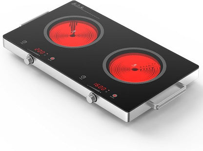 Infrared Double Burner Hot Plate,1800W Portable Electric Cooktop for 110-120V Outlet, Ceramic Glass Top, Knob & Touch Control, 9 Power Levels, Timer, Works with Any Cookware