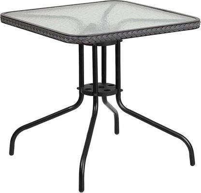 Flash Furniture Lila 28'' Square Glass Metal Table with Gray Rattan Edging and 2 Gray Rattan Stack Chairs