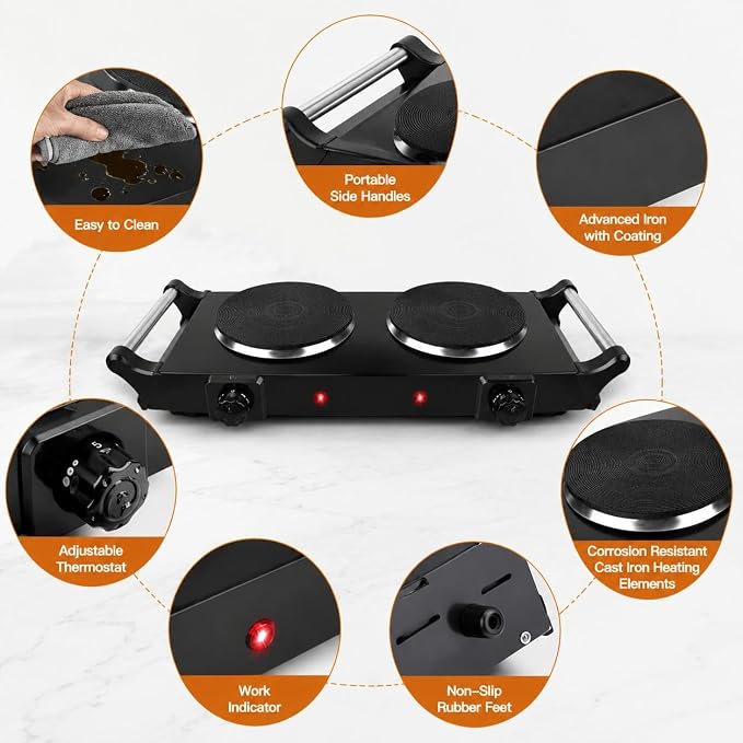 2000W Portable Electric Double Burner Hot Plate, Countertop Coil Heating Stove with 5 Temperature Control & Carry Handles for Home Kitchen RV Camping Use (black)