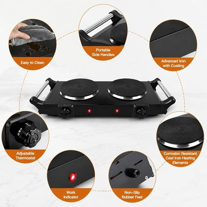 2000W Portable Electric Double Burner Hot Plate, Countertop Coil Heating Stove with 5 Temperature Control & Carry Handles for Home Kitchen RV Camping Use (black)