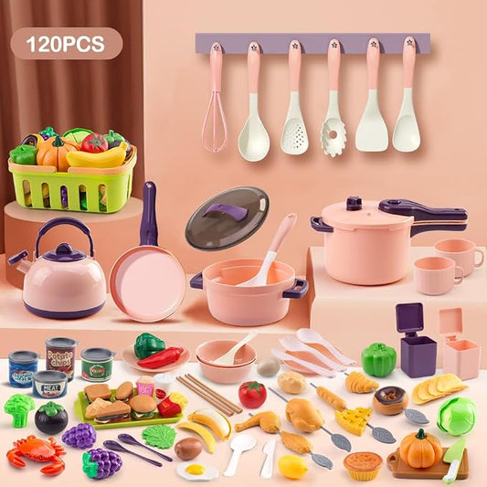 120Pcs Mini Play Kitchen Accessories, Kids Pretend Cooking Playset with Desserts, Cuttable Veggies & BBQ & Storage Basket, Educational Role-Play Gift for Toddlers, Child, Pink