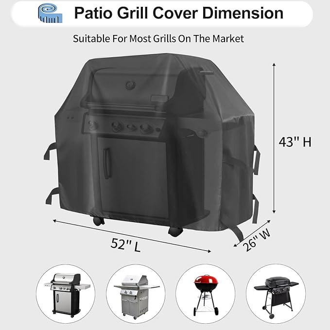 OutdoorLines Waterproof Heavy Duty BBQ Grill Cover - Universal Barbecue Grill Covers UV Resistant Barbeque Gas Grill Cover for Outdoor Outside Grill, 52L x 26W x 43H Inch, Black