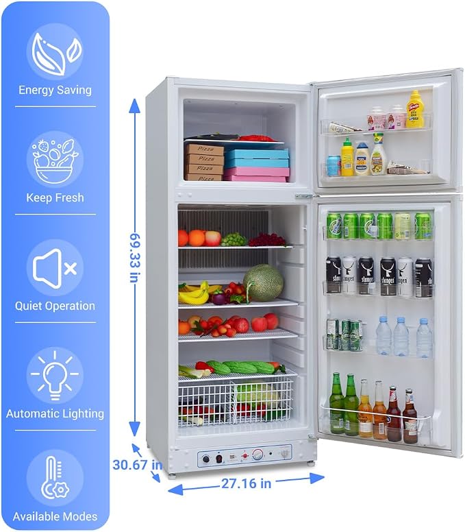 Propane Refrigerator with Freezer 9.4 Cu.Ft, 110V/LPG Off Grid Gas Refrigerator, Reversible Door, Quiet & Energy-Saving for Cabin, Camper, and Home Use