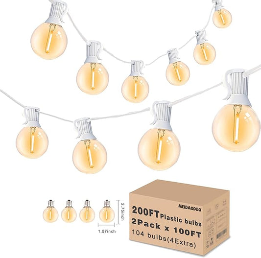 White String Lights Outdoor 200FT Led Globe G40 Patio Lights for Outside with 104 Shatterproof Bulbs Bistro Lights for Wedding Gazebo Pergola, White Wire String Lights 2Pack x 100FT