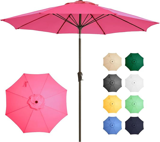 Ayge Patio Umbrella 9FT Outdoor Umbrella Patio Table for deck pink | 8 fiberglass ribs, crank & tilt. UV-resistant waterproof canopy. Fade-proof. Rust-proof frame. For deck, garden, pool.