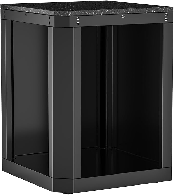 Small Black Stainless Steel Outdoor 90° Corner Cabinet, Black Galaxy Granite Countertop, for Compact L‑Shaped Grill Island, Patio BBQ