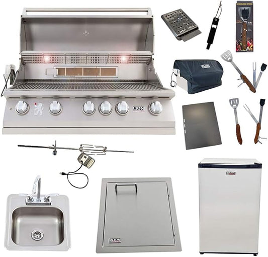 Lion 40-Inch Liquid Propane Grill L90000 with Refrigerator and Vertical Door with Towel Rack and Drop-In Sink and 5 in 1 BBQ Tool Set Best of Backyard Package Deal