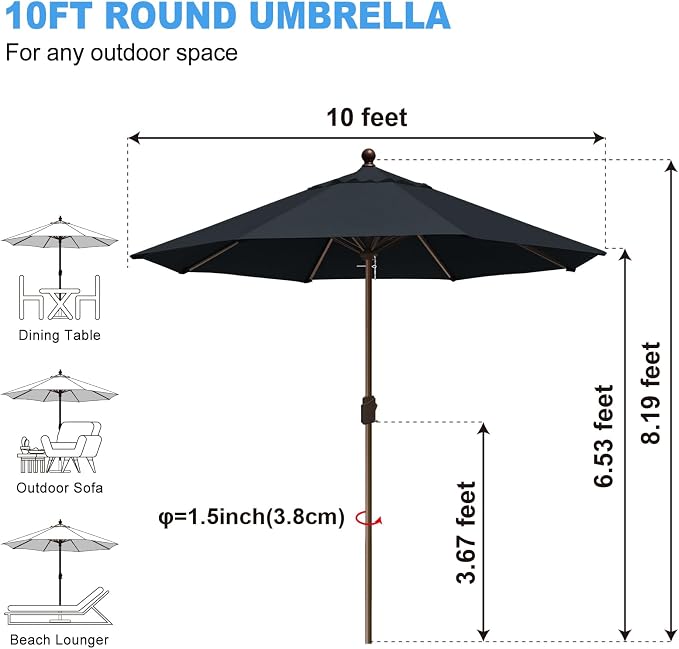 Eurmax USA 10-Year-Non-Fading 10FT Outdoor Patio Market Umbrella,UPF50+ UV Resistant Sun Shade,Heavy Duty Commercial Grade,Crank Lift Design,Windproof Vented Top for Garden,Pool,Deck,Black