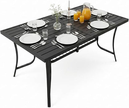 Patio Dining Table for 6 People, 60" Outdoor Modern Rectangular Wrought Iron Metal Table with Umbrella Hole and Unique Reinforced Stability for Garden, Backyard, Deck, Porch