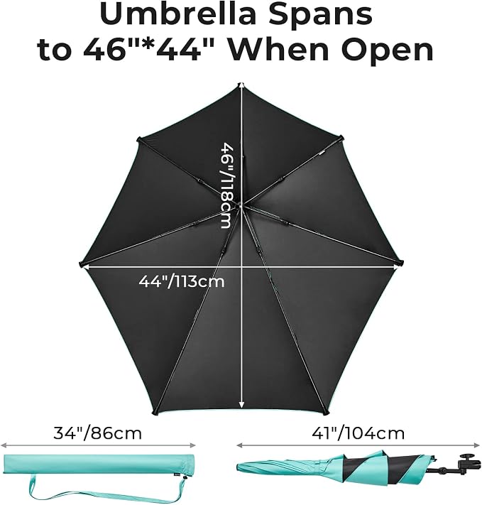 G4Free Beach Chair Umbrella with Universal Clamp UPF 50+ Golf Cart Umbrella | 46"x44" Large Canopy Sun Umbrella UV Protection, Adjustable Clamp for Beach Chair/Wheelchair/Stroller, 360° Flex Shaft, 7 Rib
