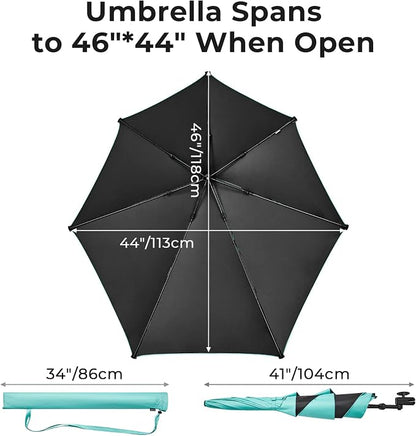 G4Free Beach Chair Umbrella with Universal Clamp UPF 50+ Golf Cart Umbrella | 46"x44" Large Canopy Sun Umbrella UV Protection, Adjustable Clamp for Beach Chair/Wheelchair/Stroller, 360° Flex Shaft, 7 Rib