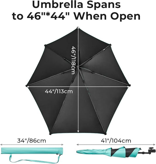 G4Free Beach Chair Umbrella with Universal Clamp UPF 50+ Golf Cart Umbrella | 46"x44" Large Canopy Sun Umbrella UV Protection, Adjustable Clamp for Beach Chair/Wheelchair/Stroller, 360° Flex Shaft, 7 Rib