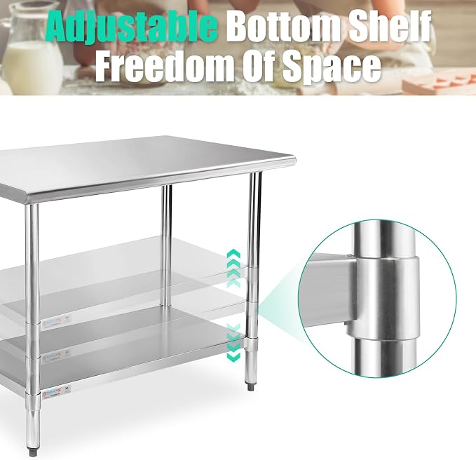 STABLEINK Stainless Steel Table with Undershelf 48x30 Inches 4ft for Prep | NSF Certified Heavy Duty Metal Work Table Workbench for Commercial Kitchen Restaurant Hotel Laundry Garage Chef Homemaker