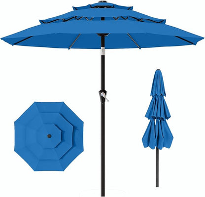 AreShark 9ft 3-Tier Patio Umbrellas, Outdoor Umbrella with 8 Sturdy Ribs UV Protection Windproof, Market Table Umbrella w/Push Button Tilt & Crank for Pool, Porch, Deck, Garden(Royal Blue)