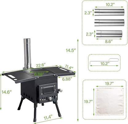Wood Burning Camping Stove, Portable Cast Iron BBQ Grill Outdoor Cooking with Chimney Pipe, Black Wood Stove for Outdoor Cooking, Camping, Heating, Bonfire & Picnic